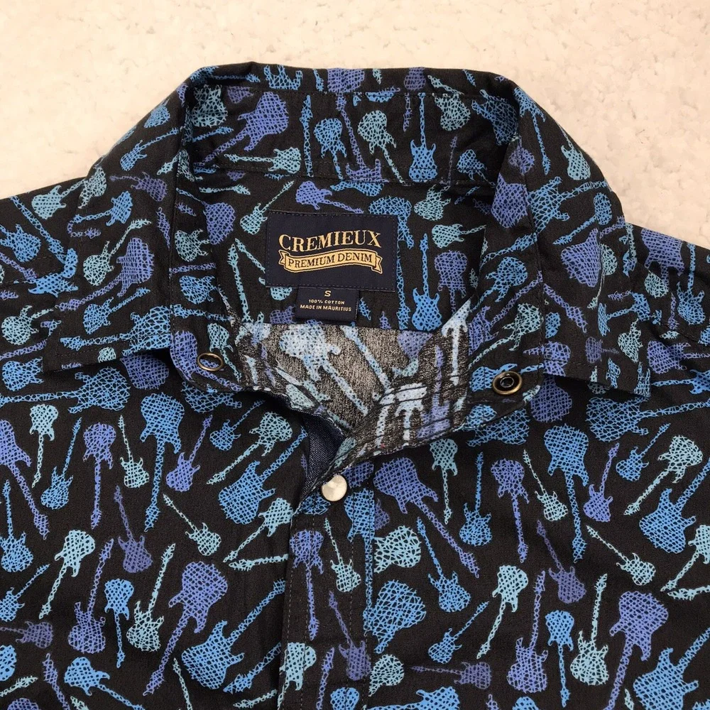 VTG Cremieux Premium Button Shirt Mens SMALL Guitars Black Blue Short Sleeve Y2K